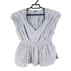 Women's White & Blue Old Navy Boho Peasant Top Blouse Print Size M